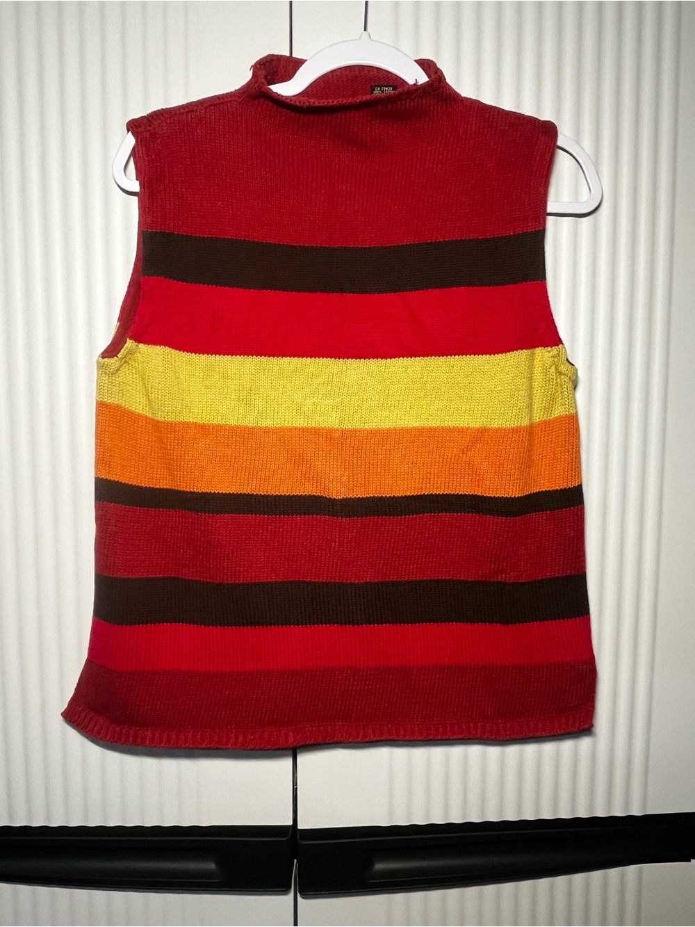 JEANNE PIERRE Red, Yellow, Orange & Brown Striped Sleeveless Turtleneck